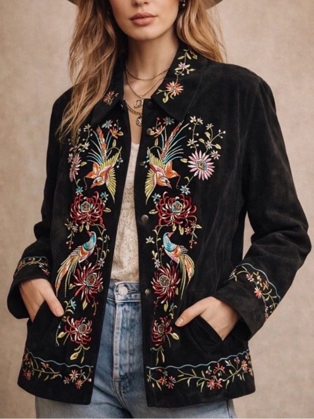 Avanti New York Black Suede Leather Embroidered Floral Bird Jacket Sz 1X